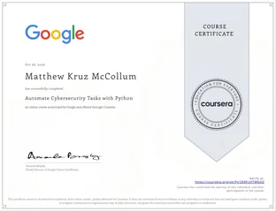 Automate Cybersecurity Tasks with Python certificate